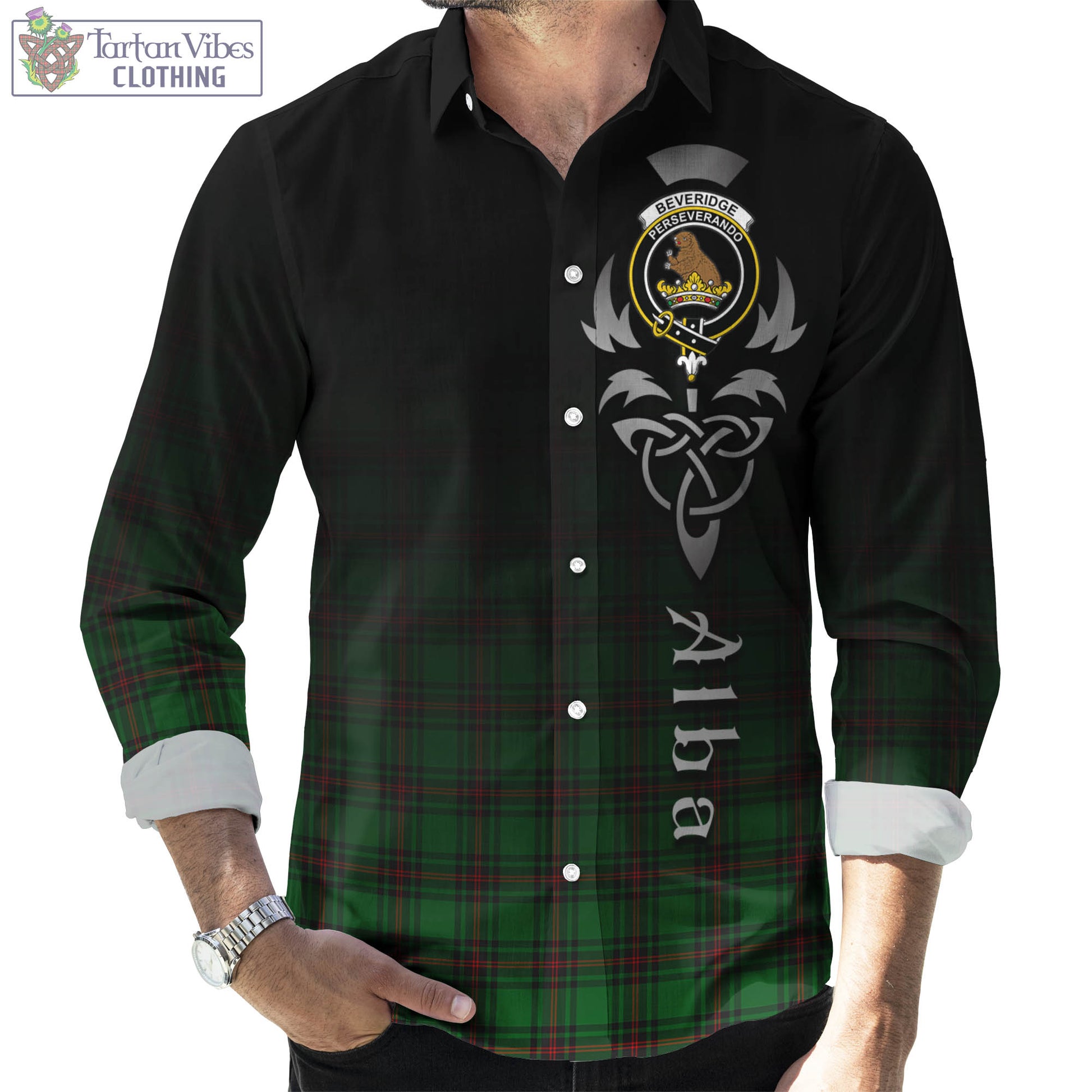 Tartan Vibes Clothing Beveridge Tartan Long Sleeve Button Up Featuring Alba Gu Brath Family Crest Celtic Inspired