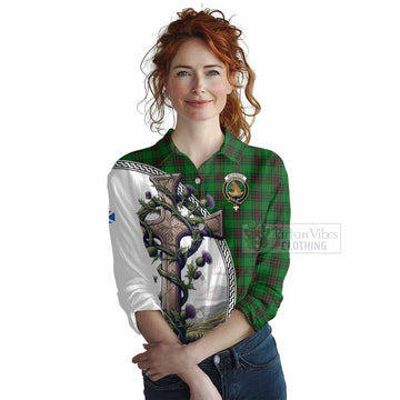 Beveridge Tartan Women's Casual Shirt with Family Crest and St. Andrew's Cross Accented by Thistle Vines Female - Tartan Vibes Clothing