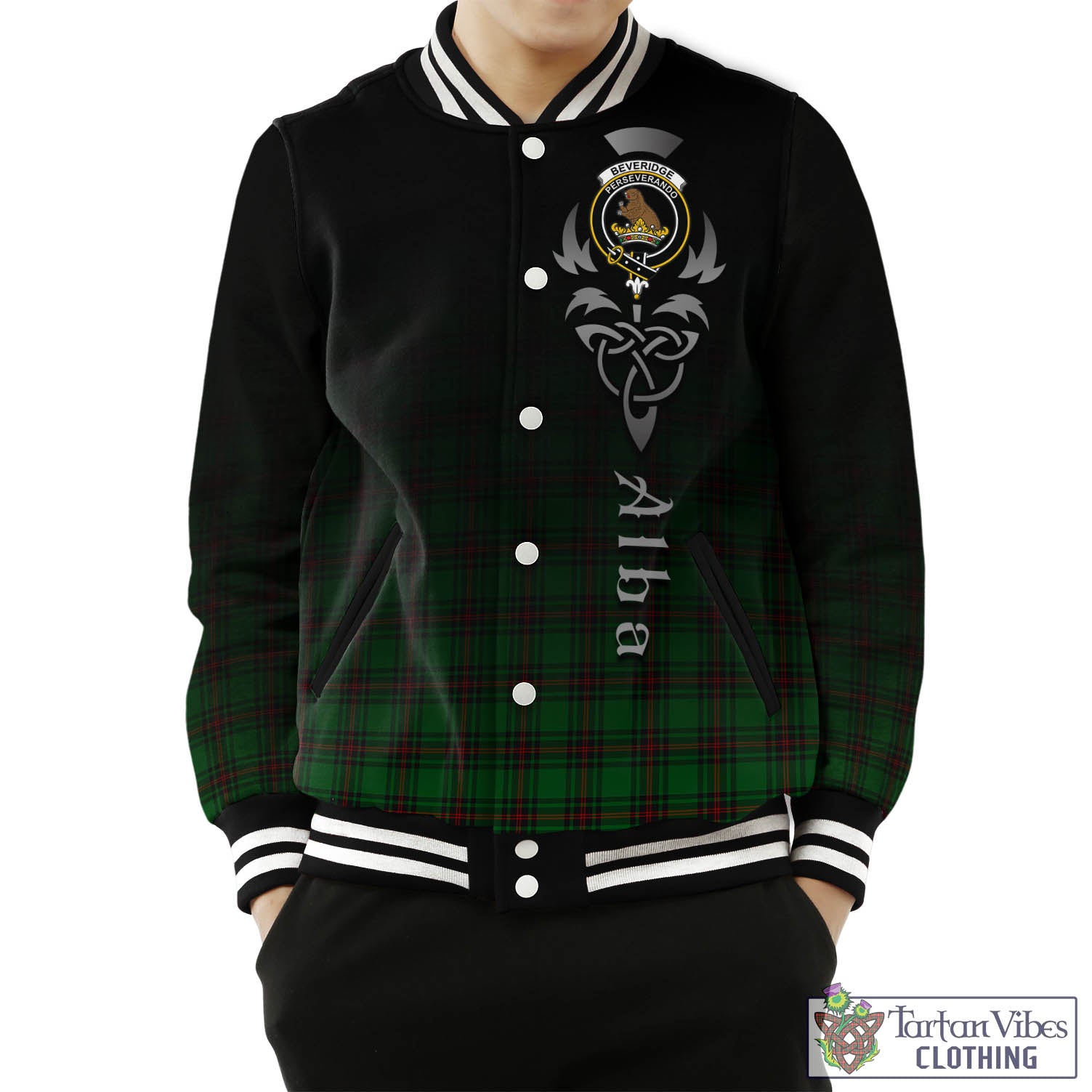 Tartan Vibes Clothing Beveridge Tartan Baseball Jacket Featuring Alba Gu Brath Family Crest Celtic Inspired