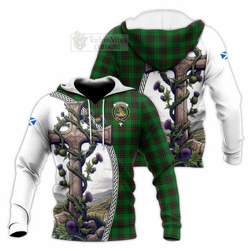 Beveridge Tartan Knitted Hoodie with Family Crest and St. Andrew's Cross Accented by Thistle Vines Unisex Knitted Pullover Hoodie - Tartan Vibes Clothing