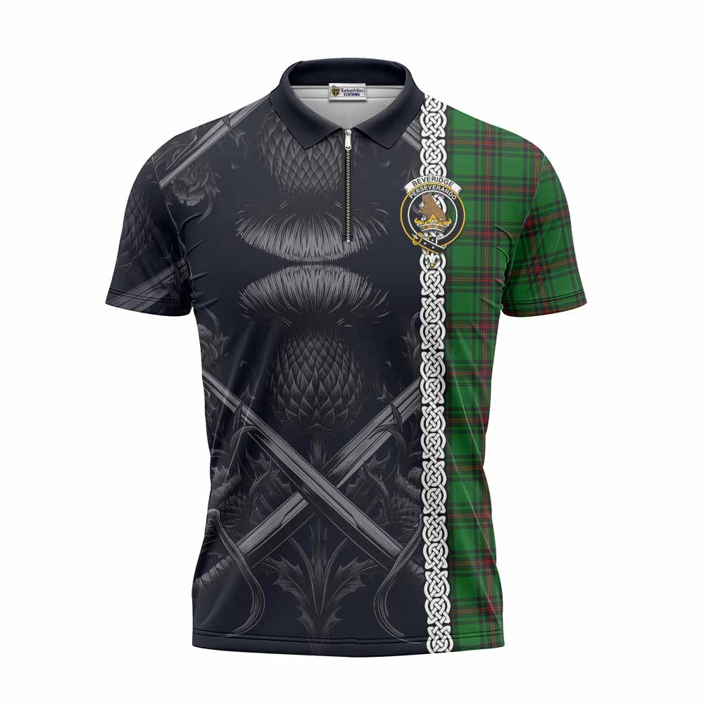 Beveridge Tartan Zipper Polo Shirt with Family Crest Cross Sword Thistle Celtic Vibes Unisex - Tartan Vibes Clothing