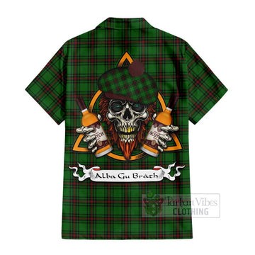 Beveridge Tartan Hawaiian Shirt with Family Crest and Bearded Skull Holding Bottles of Whiskey - Tartan Vibes Clothing
