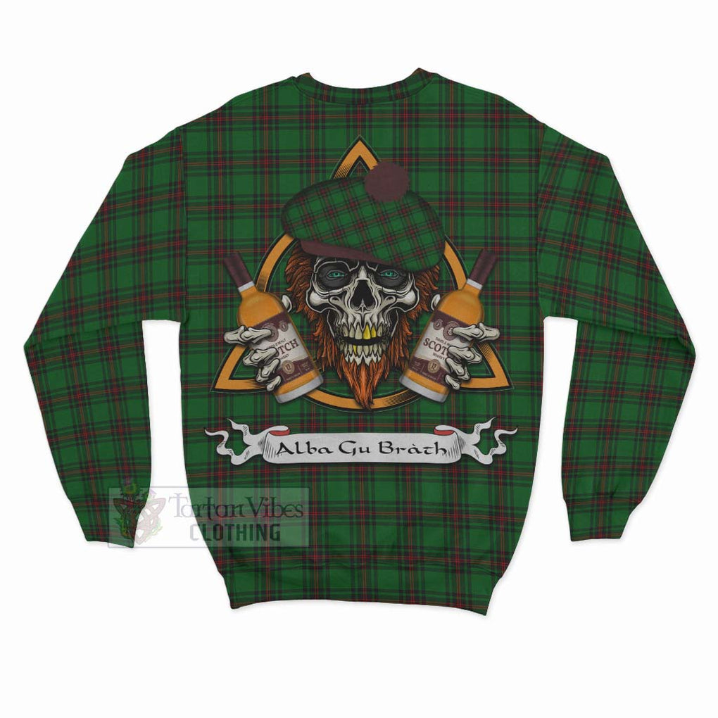 Beveridge Tartan Sweatshirt with Family Crest and Bearded Skull Holding Bottles of Whiskey - Tartan Vibes Clothing