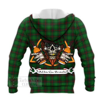 Beveridge Tartan Knitted Hoodie with Family Crest and Bearded Skull Holding Bottles of Whiskey - Tartan Vibes Clothing