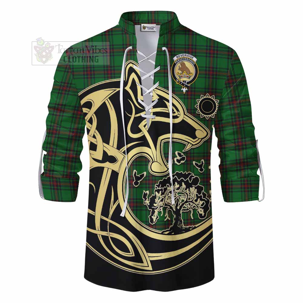 Beveridge Tartan Ghillie Kilt Shirt with Family Crest Celtic Wolf Style - Tartan Vibes Clothing