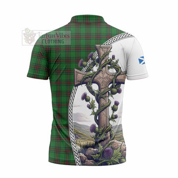 Beveridge Tartan Zipper Polo Shirt with Family Crest and St. Andrew's Cross Accented by Thistle Vines - Tartan Vibes Clothing