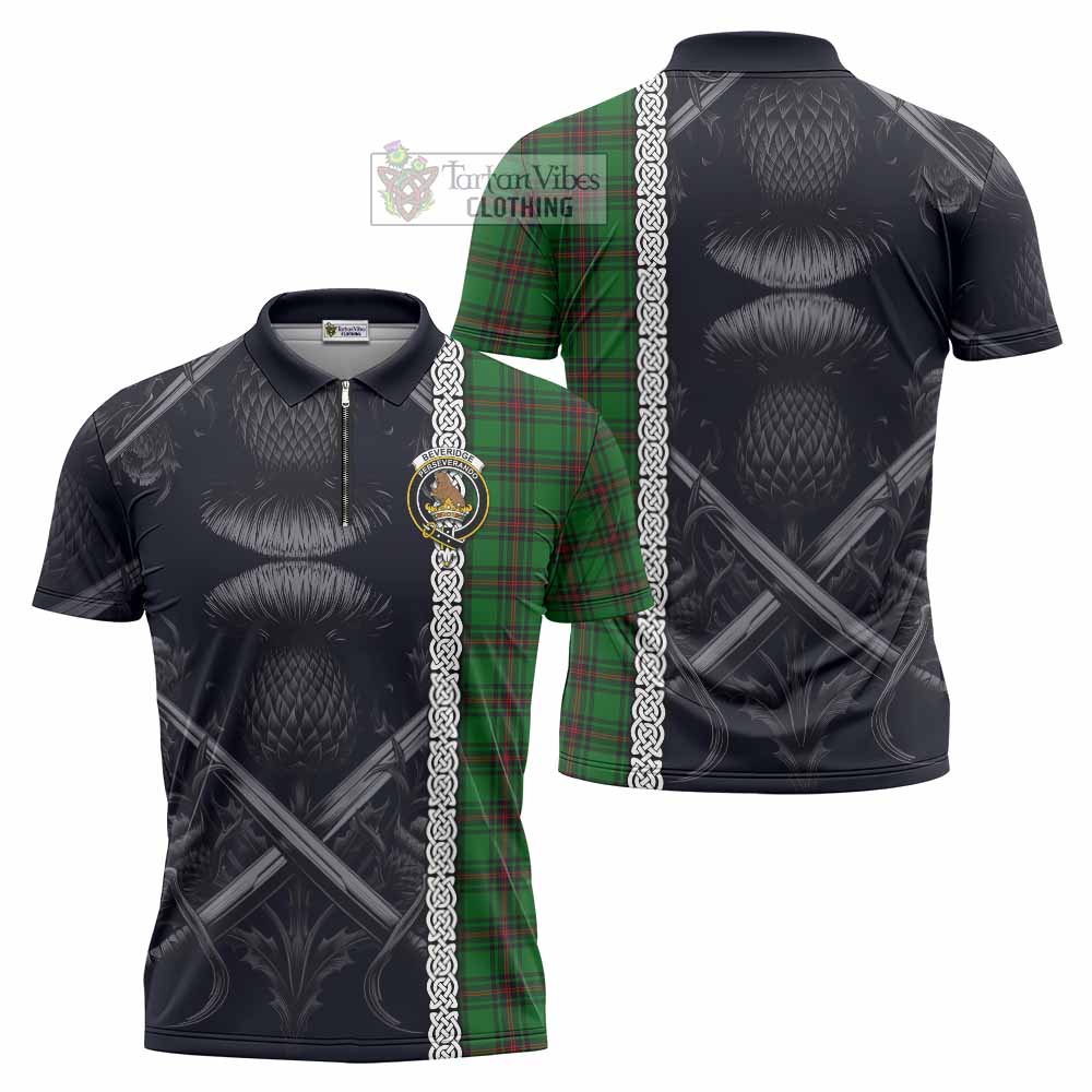 Beveridge Tartan Zipper Polo Shirt with Family Crest Cross Sword Thistle Celtic Vibes - Tartan Vibes Clothing