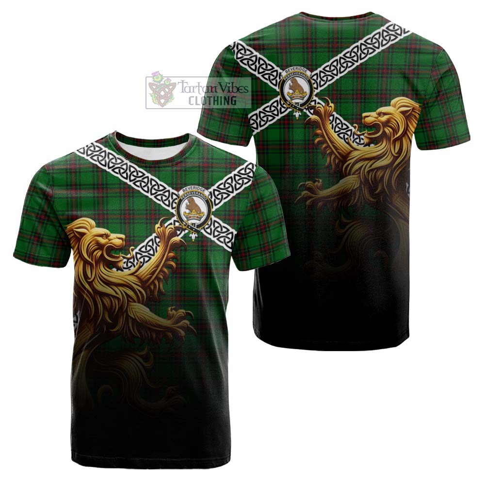 Tartan Vibes Clothing Beveridge Crest Tartan Cotton T-shirt with Golden Lion Emblem Celtic Style