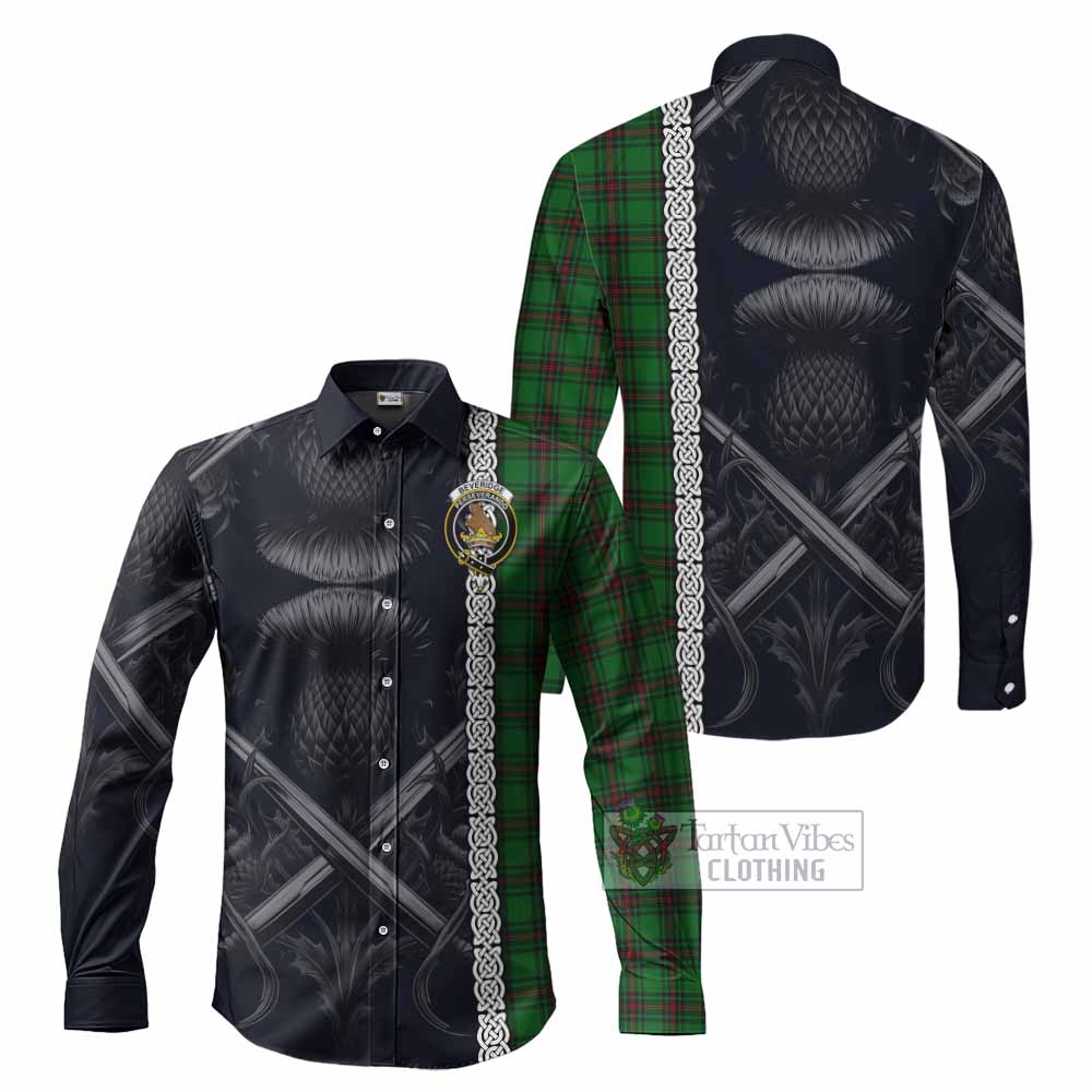 Tartan Vibes Clothing Beveridge Tartan Long Sleeve Button Shirt with Family Crest Cross Sword Thistle Celtic Vibes