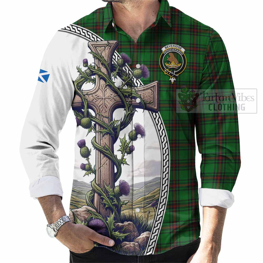 Beveridge Tartan Long Sleeve Button Shirt with Family Crest and St. Andrew's Cross Accented by Thistle Vines - Tartan Vibes Clothing