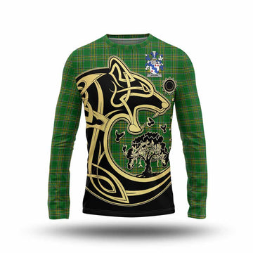 Tartan Vibes Clothing Biggar Irish Tartan Long Sleeve T-Shirt with Coat of Arms Celtic Wolf Style