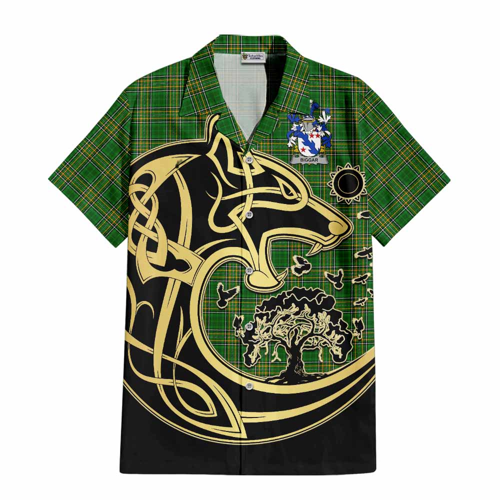 Tartan Vibes Clothing Biggar Irish Tartan Short Sleeve Button Shirt with Coat of Arms Celtic Wolf Style