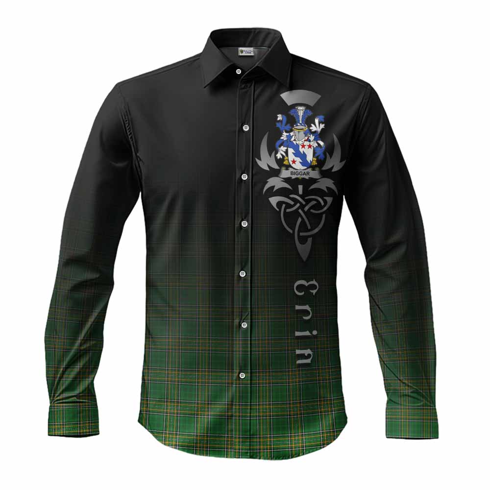 Tartan Vibes Clothing Biggar Irish Clan Long Sleeve Button Shirt with Coat of Arms Erin Go Bragh Celtic Inspired
