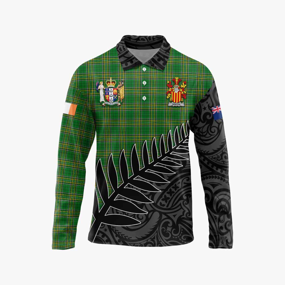 Tartan Vibes Clothing Bindon Irish Clan Tartan Long Sleeve Polo Shirt with Coat of Arms New Zealand Silver Fern Half Style