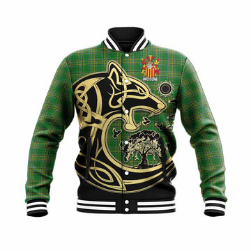 Tartan Vibes Clothing Bindon Irish Tartan Baseball Jacket with Coat of Arms Celtic Wolf Style