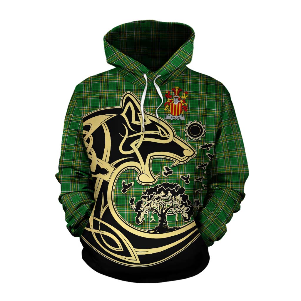 Tartan Vibes Clothing Bindon Irish Tartan Cotton Hoodie with Coat of Arms Celtic Wolf Style