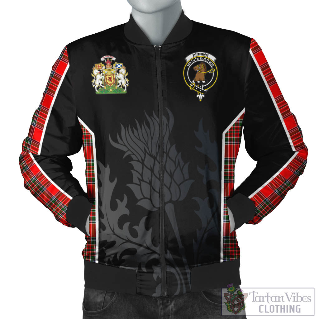Binning Tartan Bomber Jacket with Family Crest and Scottish Thistle Vibes Sport Style Unisex Black - Tartan Vibes Clothing