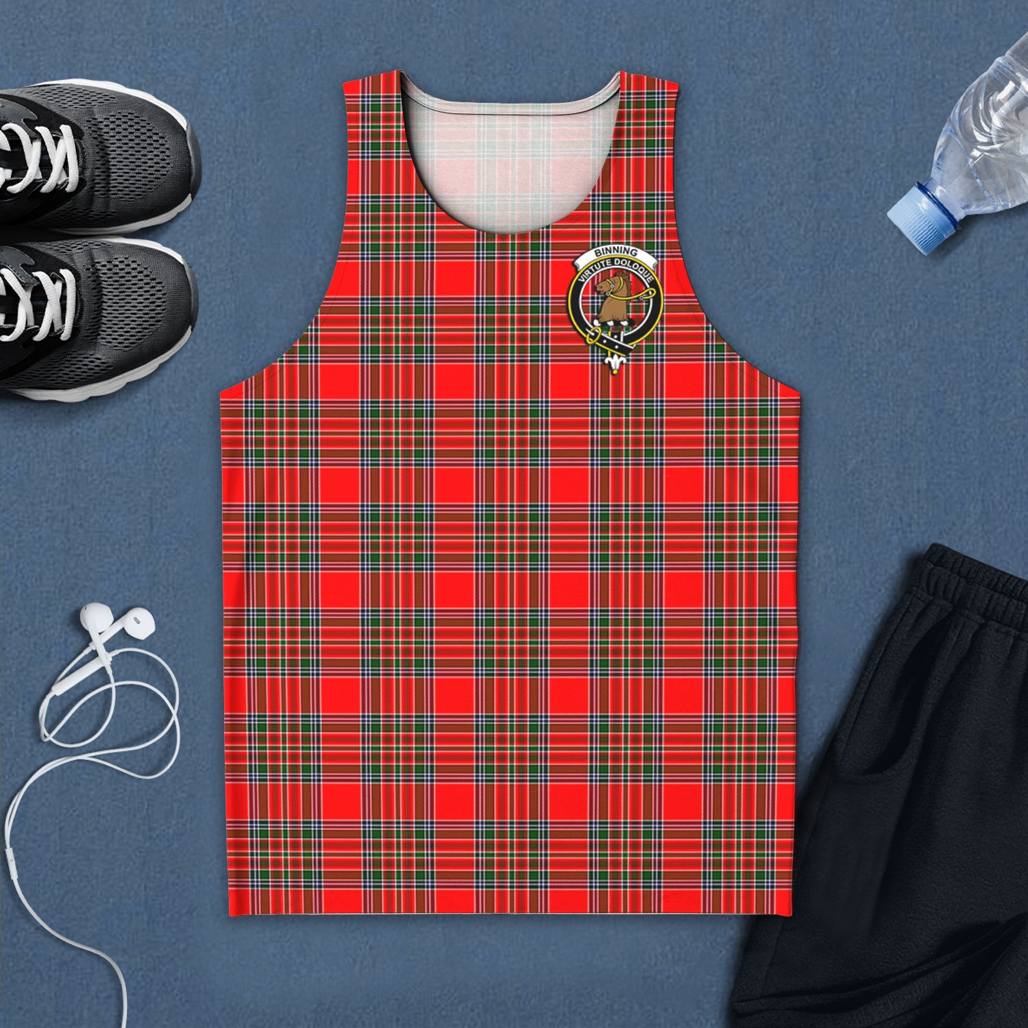 Binning Tartan Mens Tank Top with Family Crest 5XL - Tartan Vibes Clothing