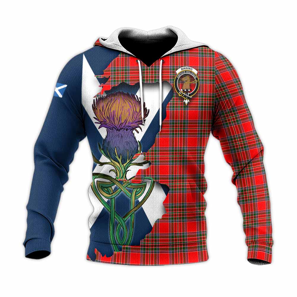 Tartan Vibes Clothing Binning Tartan Family Crest Knitted Hoodie Scottish Thistle Celtic Inspired