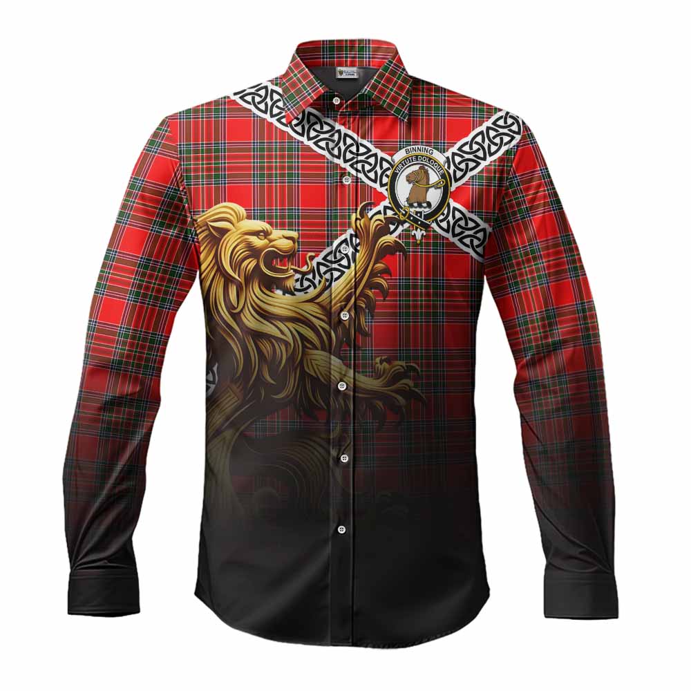 Binning Crest Tartan Long Sleeve Button Shirt with Golden Lion Emblem Celtic Style Men's Shirt S - Tartan Vibes Clothing