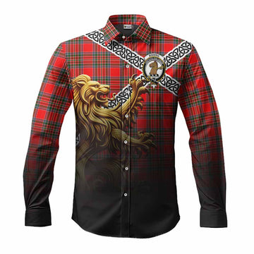 Binning Crest Tartan Long Sleeve Button Shirt with Golden Lion Emblem Celtic Style Men's Shirt S - Tartan Vibes Clothing