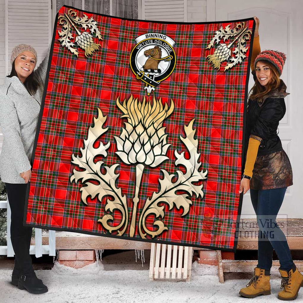 Binning Tartan Quilt with Family Crest and Golden Thistle Style Super King Quilt 91" x 110" - Tartan Vibes Clothing