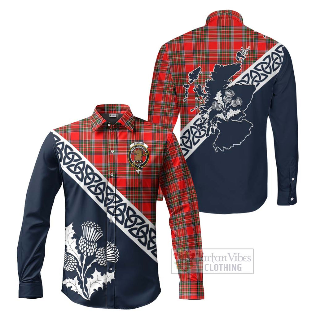 Binning Tartan Long Sleeve Button Shirt Featuring Thistle and Scotland Map Men's Shirt S - Tartan Vibes Clothing