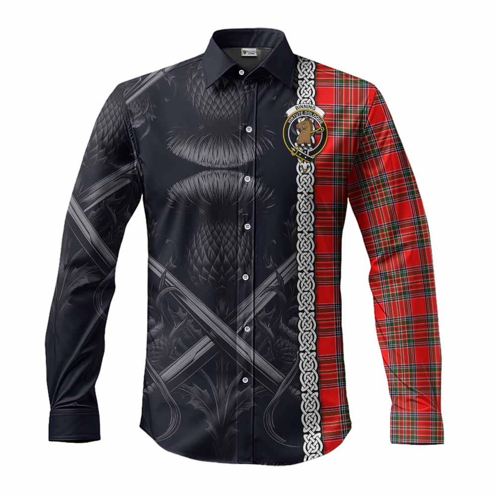 Tartan Vibes Clothing Binning Tartan Long Sleeve Button Shirt with Family Crest Cross Sword Thistle Celtic Vibes