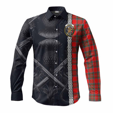 Tartan Vibes Clothing Binning Tartan Long Sleeve Button Shirt with Family Crest Cross Sword Thistle Celtic Vibes