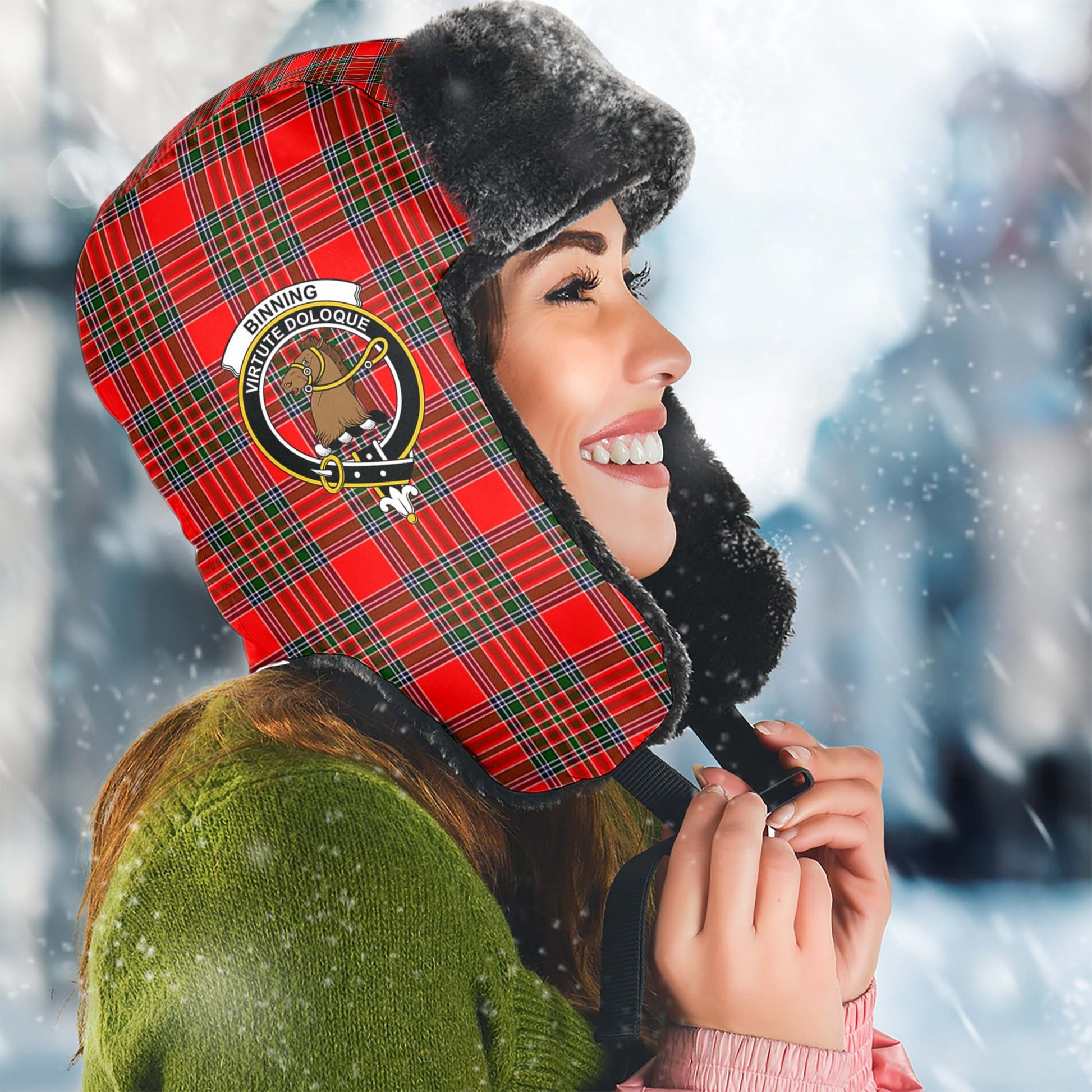 Binning Tartan Winter Trapper Hat with Family Crest Winter Trapper Hat Universal Fit Circumference 22.8in (58cm) - Tartan Vibes Clothing