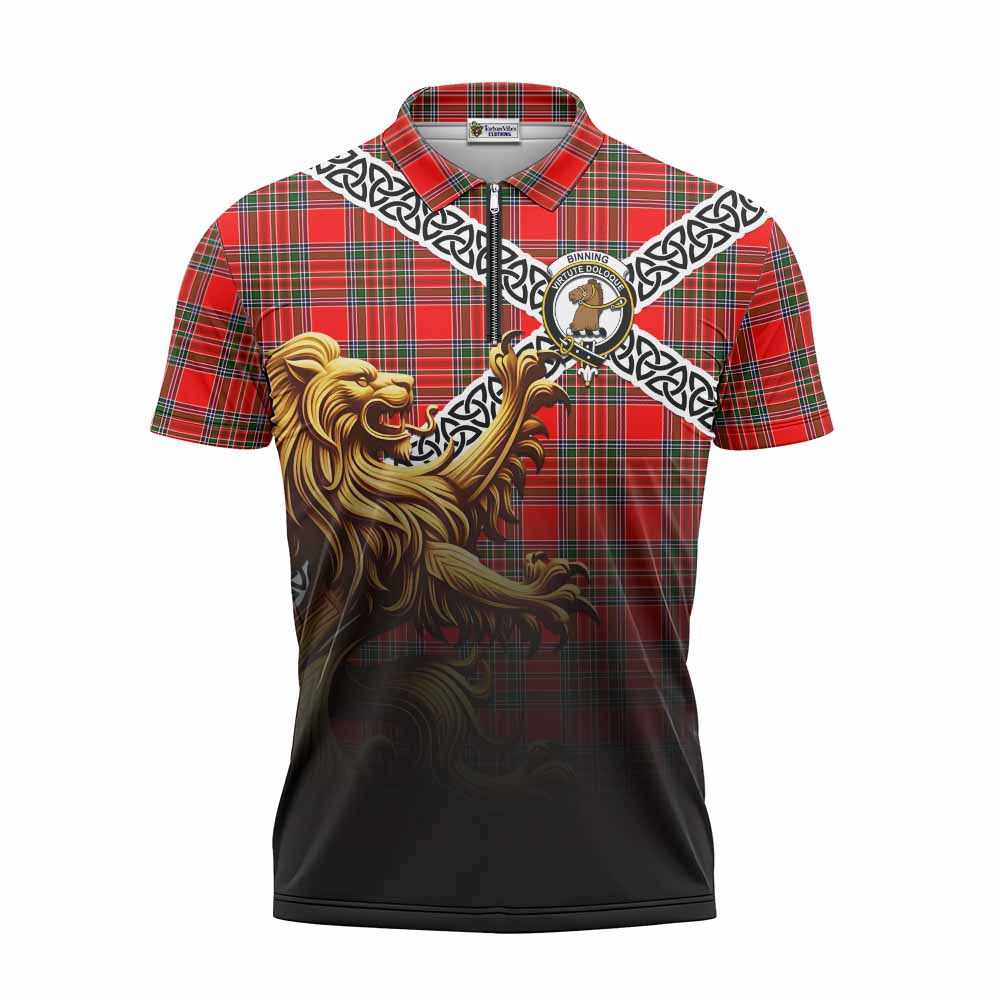 Binning Crest Tartan Zipper Polo Shirt with Golden Lion Emblem Celtic Style Unisex - Tartan Vibes Clothing