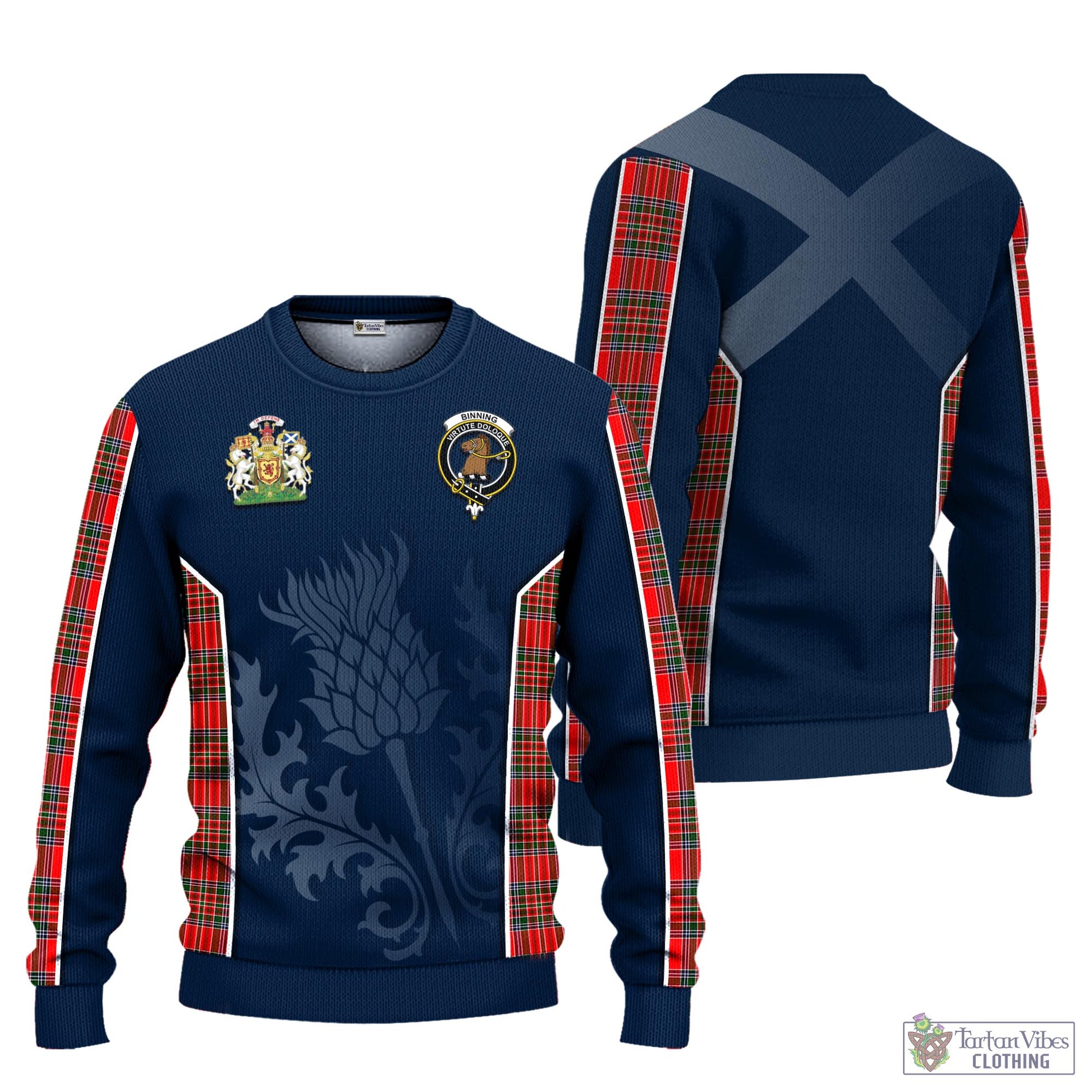 Binning Tartan Knitted Sweatshirt with Family Crest and Scottish Thistle Vibes Sport Style Unisex - Tartan Vibes Clothing