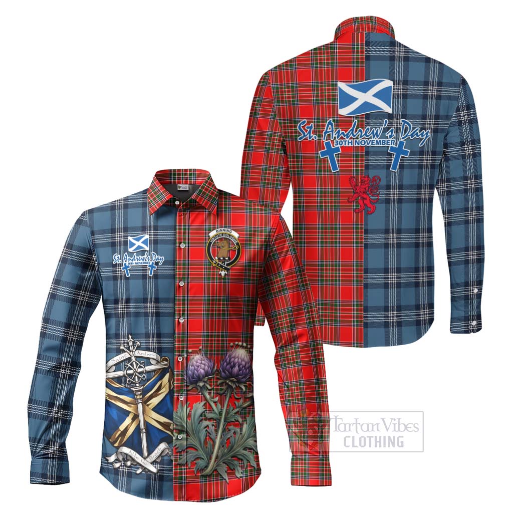 Binning Tartan Long Sleeve Button Shirt Happy St. Andrew's Day Half Tartan Style Men's Shirt S - Tartan Vibes Clothing
