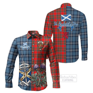 Binning Tartan Long Sleeve Button Shirt Happy St. Andrew's Day Half Tartan Style Men's Shirt S - Tartan Vibes Clothing