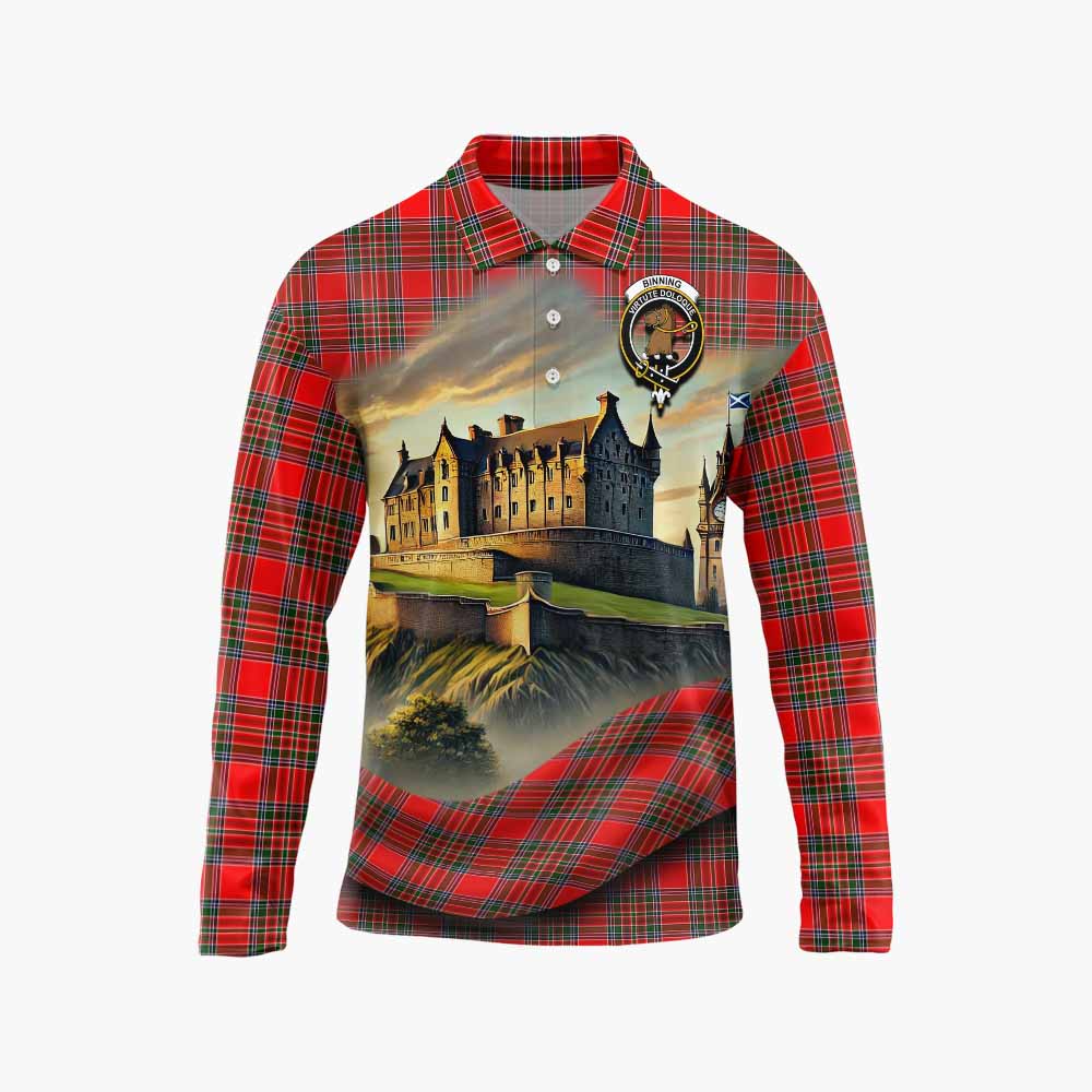 Binning Tartan Family Crest Long Sleeve Polo Shirt with Scottish Ancient Castle Style Unisex - Tartan Vibes Clothing