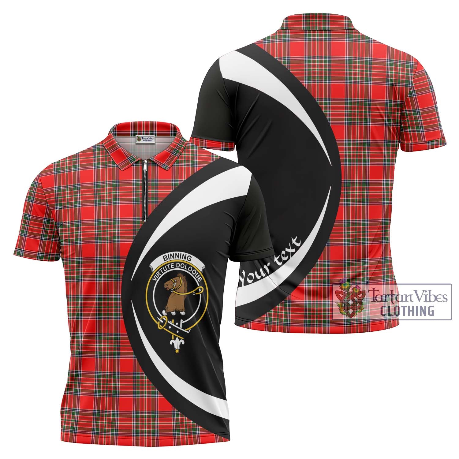 Binning Tartan Zipper Polo Shirt with Family Crest Circle Style Unisex - Tartan Vibes Clothing