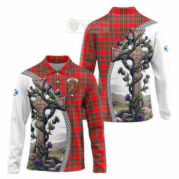 Binning Tartan Long Sleeve Polo Shirt with Family Crest and St. Andrew's Cross Accented by Thistle Vines Unisex - Tartan Vibes Clothing