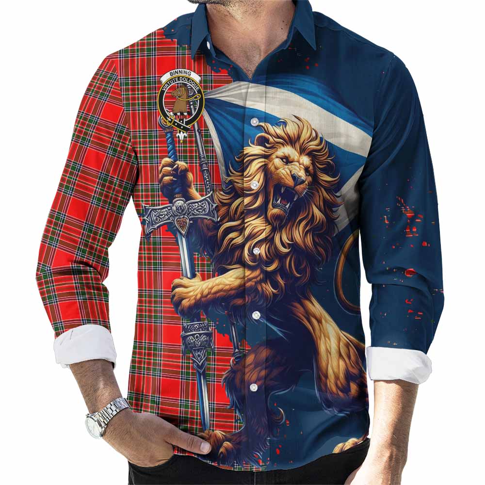 Binning Tartan Family Crest Long Sleeve Button Shirt with Scottish Majestic Lion Men's Shirt S - Tartan Vibes Clothing
