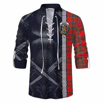 Binning Tartan Ghillie Kilt Shirt with Family Crest Cross Sword Thistle Celtic Vibes Men - Tartan Vibes Clothing