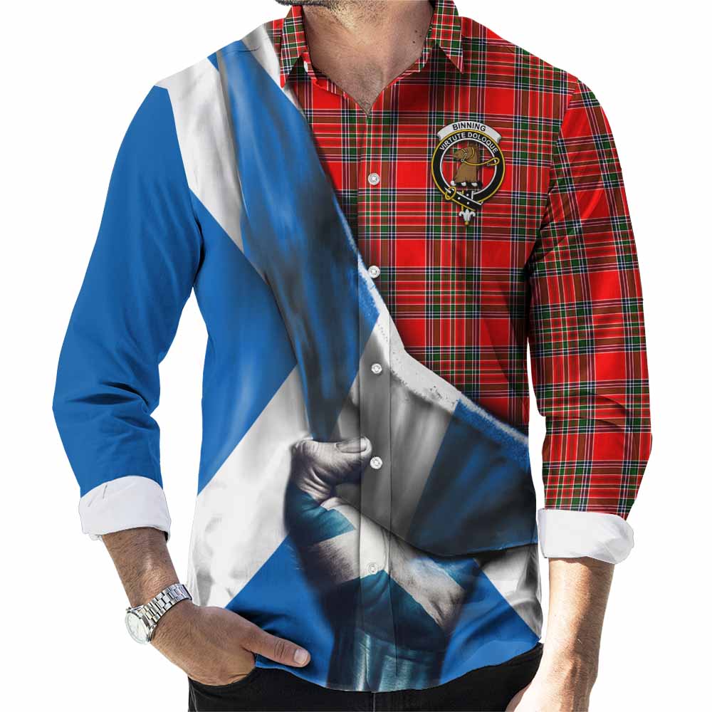Binning Tartan Long Sleeve Button Shirt with Family Crest Scotland Patriotic Style Men's Shirt S - Tartan Vibes Clothing