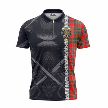 Binning Tartan Zipper Polo Shirt with Family Crest Cross Sword Thistle Celtic Vibes Unisex - Tartan Vibes Clothing