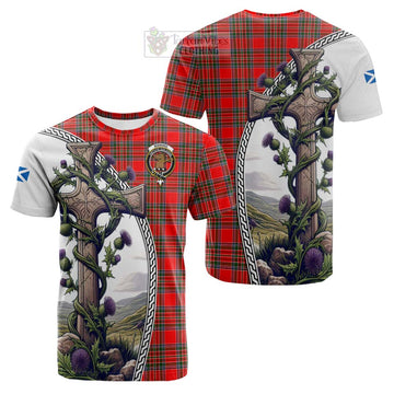 Binning Tartan Cotton T-shirt with Family Crest and St. Andrew's Cross Accented by Thistle Vines Kid's Shirt - Tartan Vibes Clothing