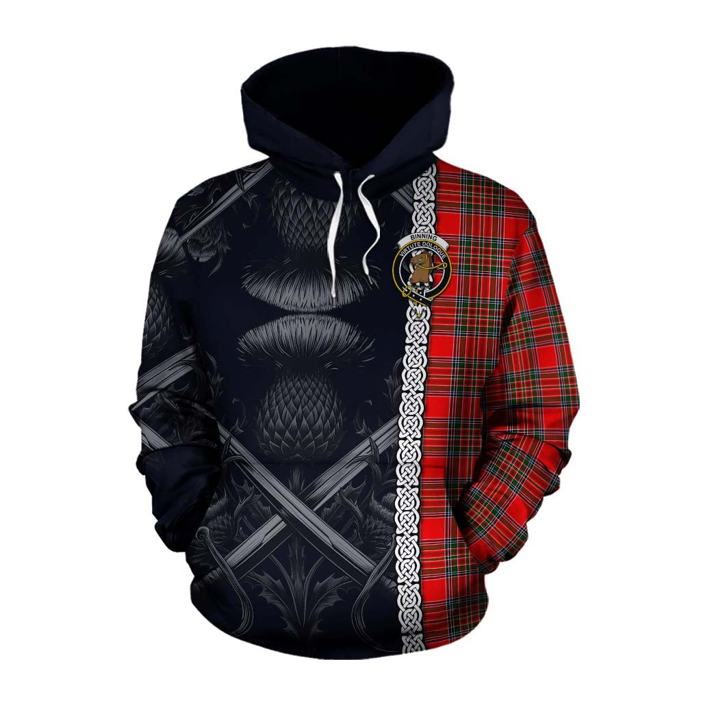 Binning Tartan Cotton Hoodie with Family Crest Cross Sword Thistle Celtic Vibes Pullover Hoodie XS - Tartan Vibes Clothing