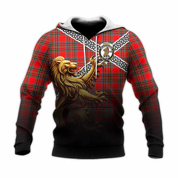 Binning Crest Tartan Knitted Hoodie with Golden Lion Emblem Celtic Style Unisex Knitted Pullover Hoodie - Tartan Vibes Clothing