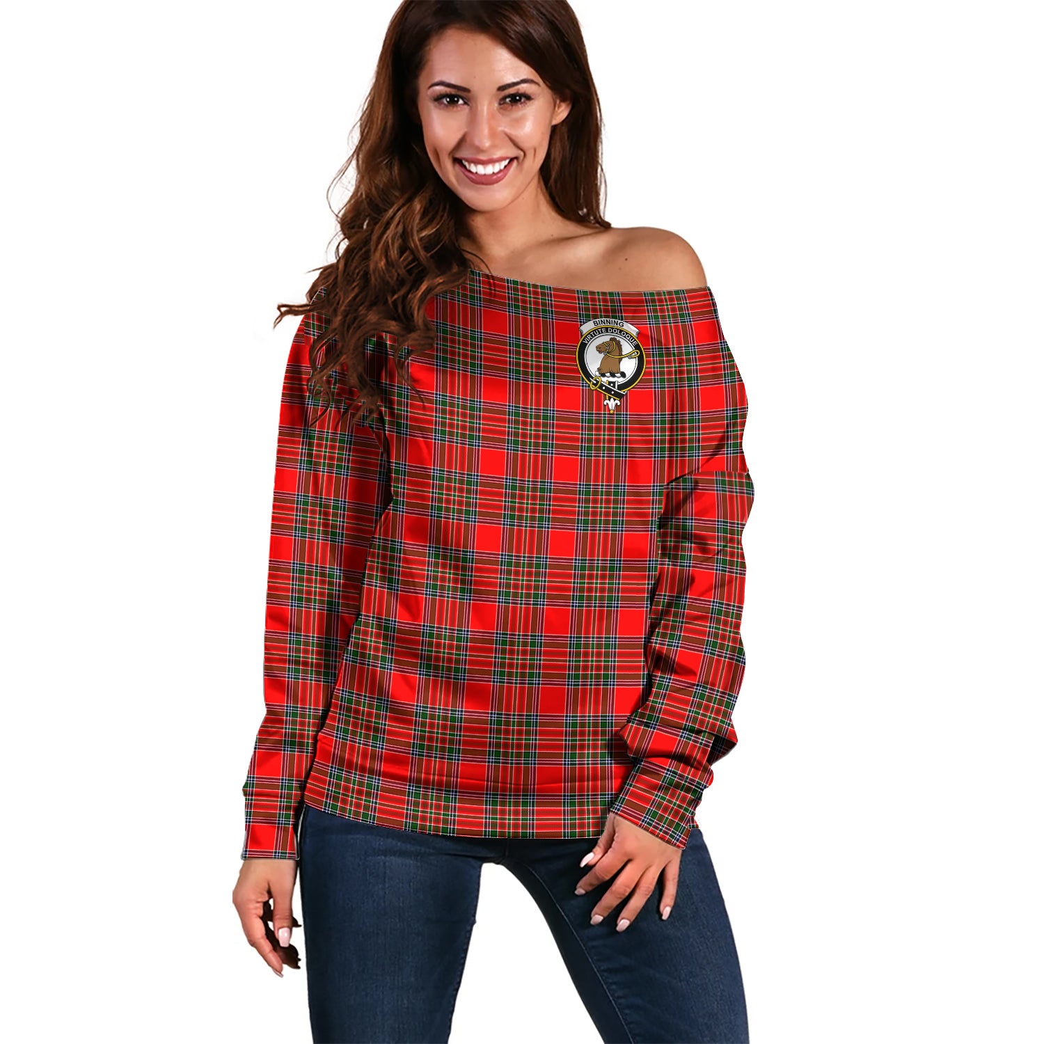 Binning Tartan Off Shoulder Women Sweater with Family Crest Women - Tartan Vibes Clothing