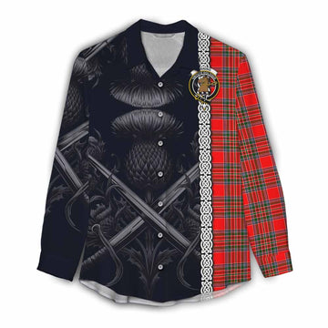 Binning Tartan Women's Casual Shirt with Family Crest Cross Sword Thistle Celtic Vibes Female - Tartan Vibes Clothing