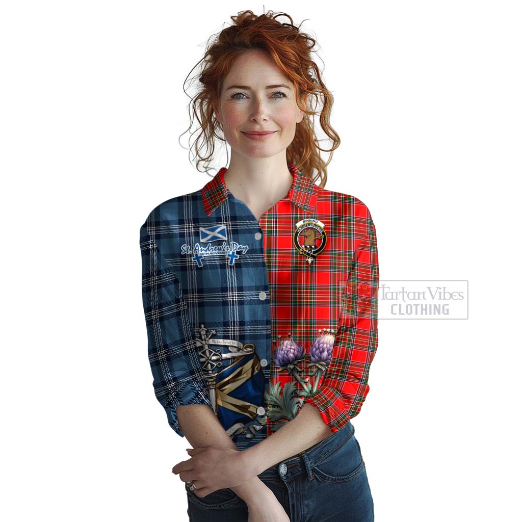 Binning Tartan Women's Casual Shirt Happy St. Andrew's Day Half Tartan Style Female - Tartan Vibes Clothing