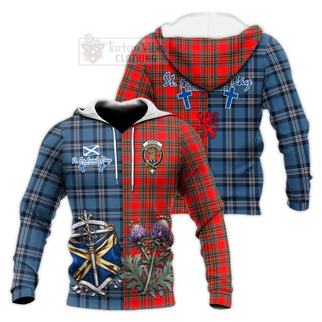Binning Tartan Knitted Hoodie Happy St. Andrew's Day Half Tartan Style Unisex Knitted Pullover Hoodie - Tartan Vibes Clothing