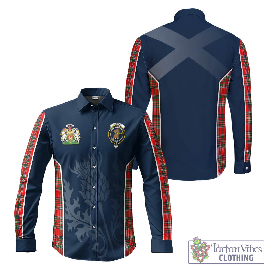 Binning Tartan Long Sleeve Button Up Shirt with Family Crest and Scottish Thistle Vibes Sport Style Men's Shirt - Tartan Vibes Clothing