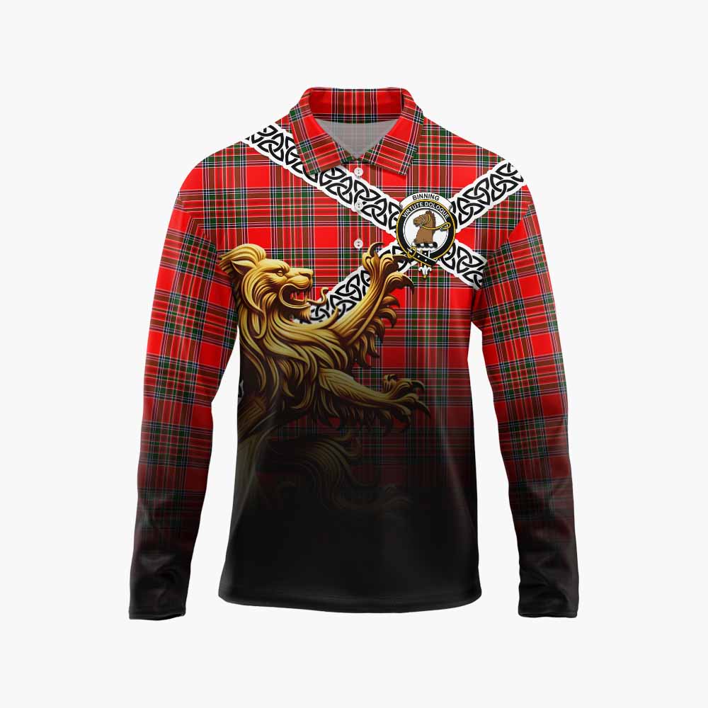 Binning Crest Tartan Long Sleeve Polo Shirt with Golden Lion Emblem Celtic Style Unisex - Tartan Vibes Clothing